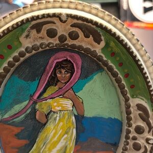 Handmade vintage Style Framed Portrait with Green and Yellow Accents